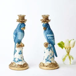 Mrs. Alice Candle Holders|Blue & White Parrot Candle Holder (Pair)