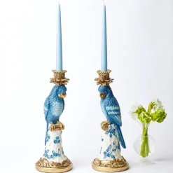 Mrs. Alice Candle Holders|Blue & White Parrot Candle Holder (Pair)