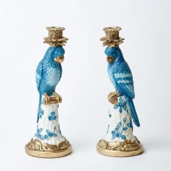 Mrs. Alice Candle Holders|Blue & White Parrot Candle Holder (Pair)