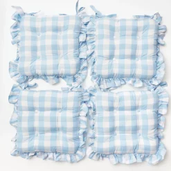 Mrs. Alice Cushions|Blue Gingham Ruffle Seat Pad Cushion (Set Of 4)