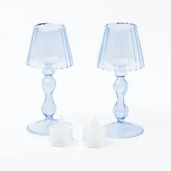 Mrs. Alice Pagodas & Lanterns|Blue Glass Lantern Tea Light Holder (Pair) - 18 Cm
