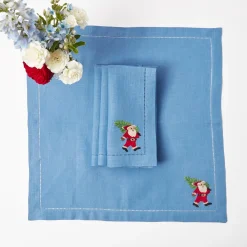 Mrs. Alice Napkins|Blue Hand Embroidered Father Christmas Napkins (Set Of 4)