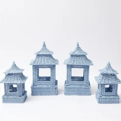 Mrs. Alice Candle Holders|Blue Rattan Pagoda Lantern Set