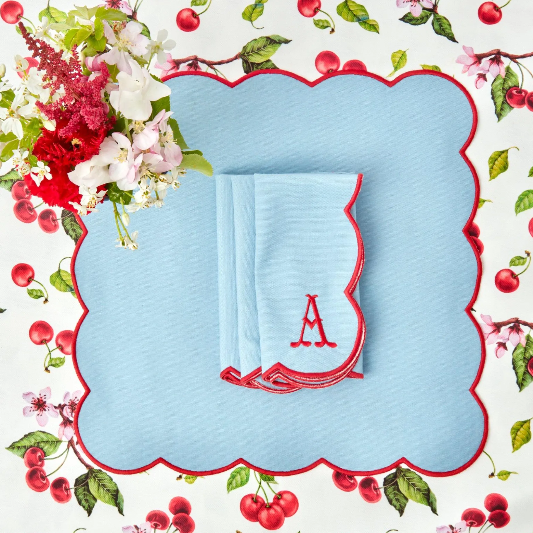 Mrs. Alice Napkins|Blue With Red Scallop Napkins (Set Of 4)