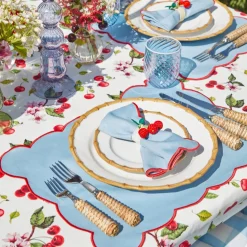 Mrs. Alice Table Linen Sets|Blue With Red Scallop Placemats & Napkins (Set Of 4)