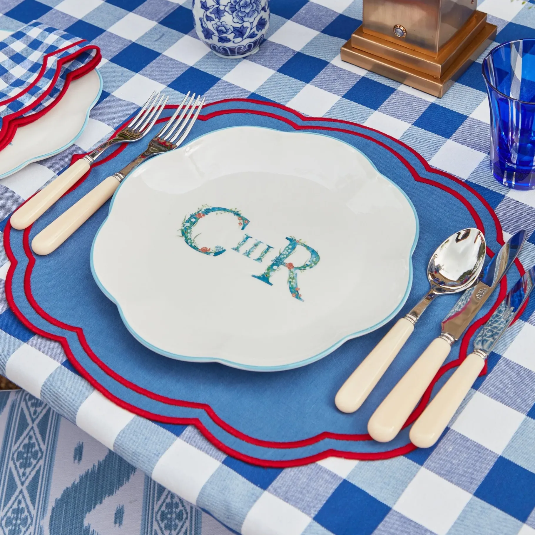 Mrs. Alice Placemats|Camilla Blue & Red Linen Placemats (Set Of 4)