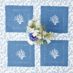 Mrs. Alice Napkins|Coral Blue Linen Cocktail Napkins (Set Of 4)