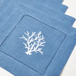 Mrs. Alice Napkins|Coral Blue Linen Cocktail Napkins (Set Of 4)