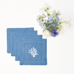 Mrs. Alice Napkins|Coral Blue Linen Cocktail Napkins (Set Of 4)