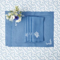 Mrs. Alice Table Linen Sets|Coral Blue Linen Placemats & Napkins (Set Of 4)