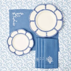Mrs. Alice Table Linen Sets|Coral Blue Linen Placemats & Napkins (Set Of 4)