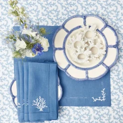 Mrs. Alice Table Linen Sets|Coral Blue Linen Placemats & Napkins (Set Of 4)