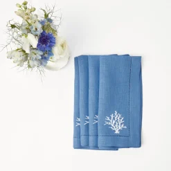 Mrs. Alice Table Linen Sets|Coral Blue Linen Placemats & Napkins (Set Of 4)