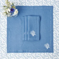 Mrs. Alice Table Linen Sets|Coral Blue Linen Placemats & Napkins (Set Of 4)