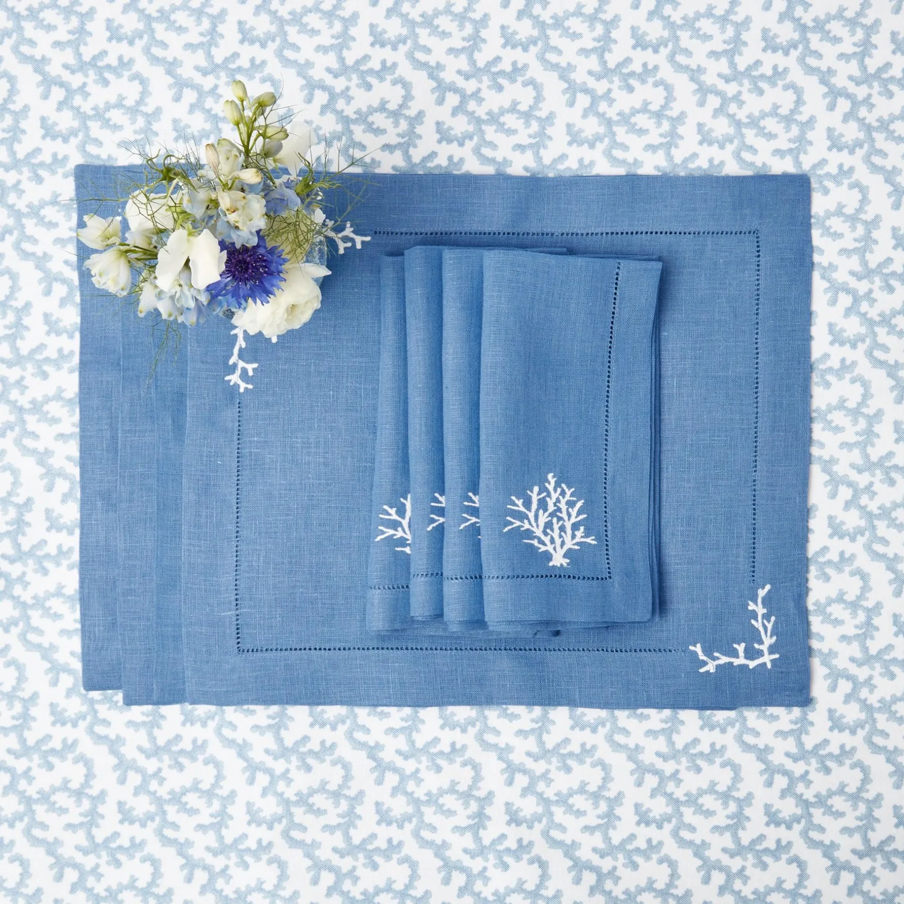 Mrs. Alice Table Linen Sets|Coral Blue Linen Set