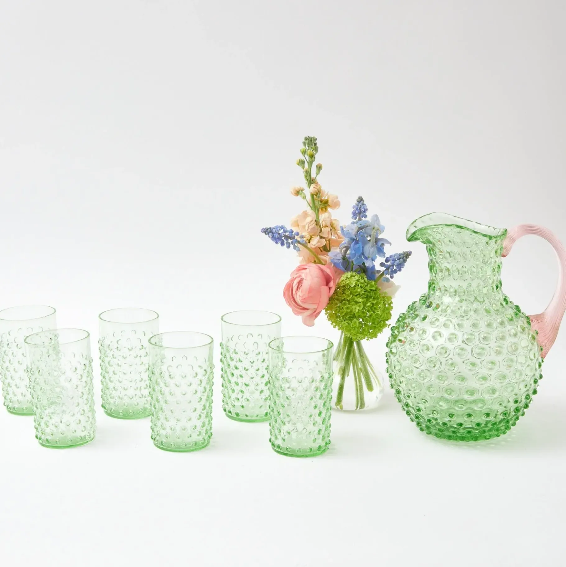 Mrs. Alice Glasses|Emerald Hobnail Jug With Rose Handle & Glasses (Set Of 6)