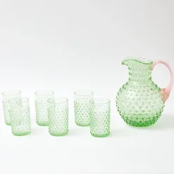 Mrs. Alice Glassware Sets|Emerald Hobnail Jug With Rose Handle & Glasses (Set Of 6)