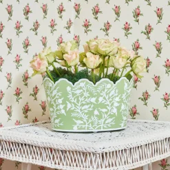 Mrs. Alice Vases|Green Floral Tole Scalloped Planter