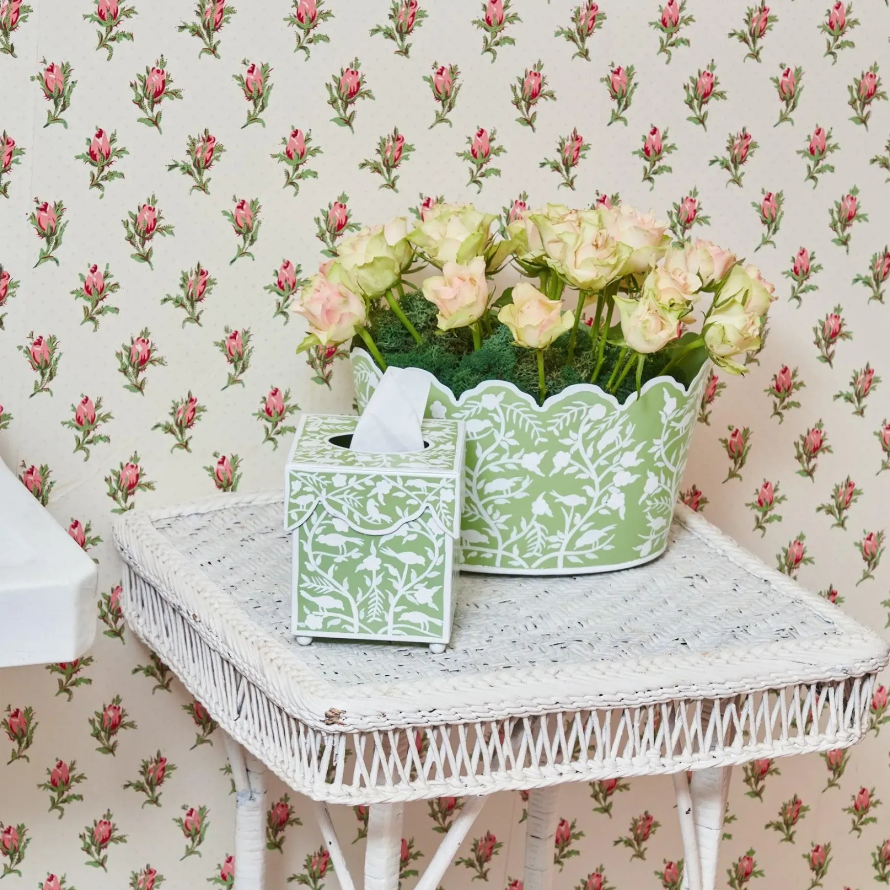 Mrs. Alice Tissue Boxes|Green Floral Tole Tissue Box