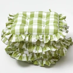 Mrs. Alice Cushions|Green Gingham Ruffle Seat Pad Cushions (Set Of 4)