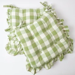 Mrs. Alice Cushions|Green Gingham Ruffle Seat Pad Cushions (Set Of 4)