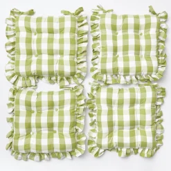 Mrs. Alice Cushions|Green Gingham Ruffle Seat Pad Cushions (Set Of 4)