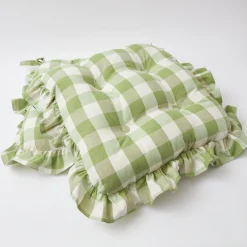 Mrs. Alice Cushions|Green Gingham Ruffle Seat Pad Cushion