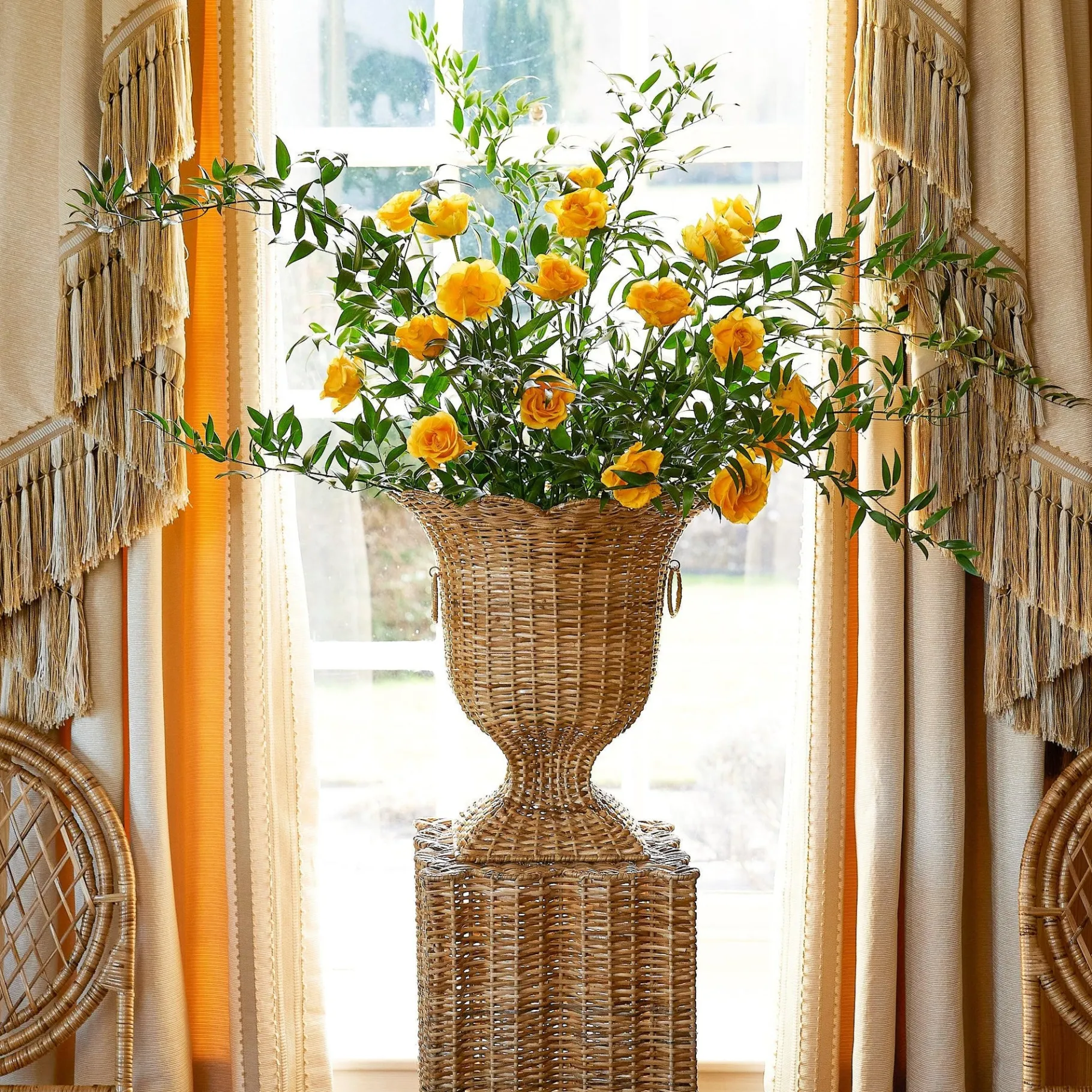 Mrs. Alice Urns & Pedestals|Liliana Scalloped Rattan Urn