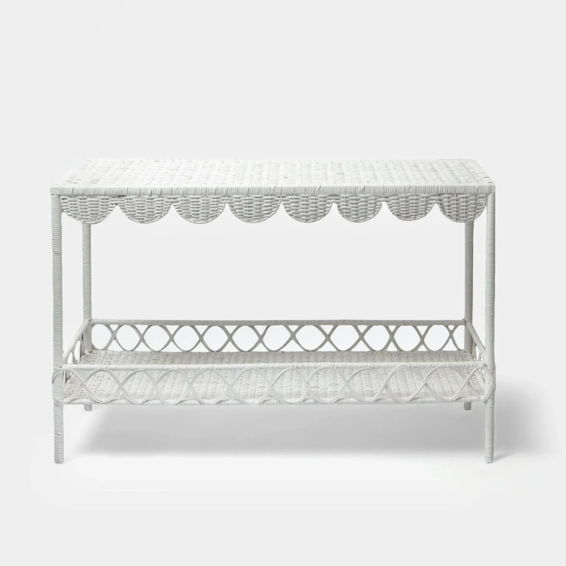 Mrs. Alice Rattan Furniture|Madeleine White Rattan Scalloped Console Table