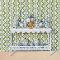 Mrs. Alice Rattan Furniture|Madeleine White Rattan Scalloped Console Table