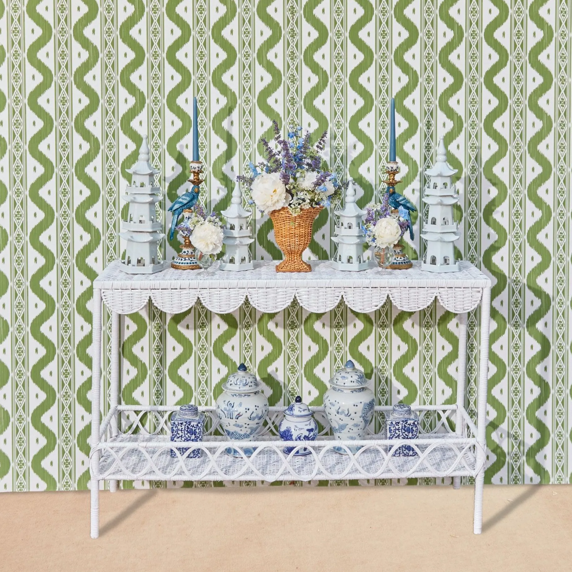 Mrs. Alice Rattan Furniture|Madeleine White Rattan Scalloped Console Table