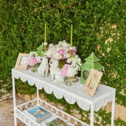 Mrs. Alice Tables|Madeleine White Rattan Scalloped Console Table
