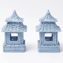 Mrs. Alice Pagodas & Lanterns|Mini Blue Rattan Pagoda Lanterns (Pair)