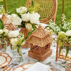 Mrs. Alice Candle Holders|Mini Natural Rattan Pagoda Lanterns (Pair)