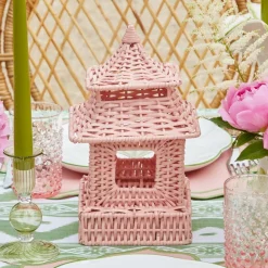 Mrs. Alice Rattan Tableware|Mini Pink Rattan Pagoda Lanterns (Pair)