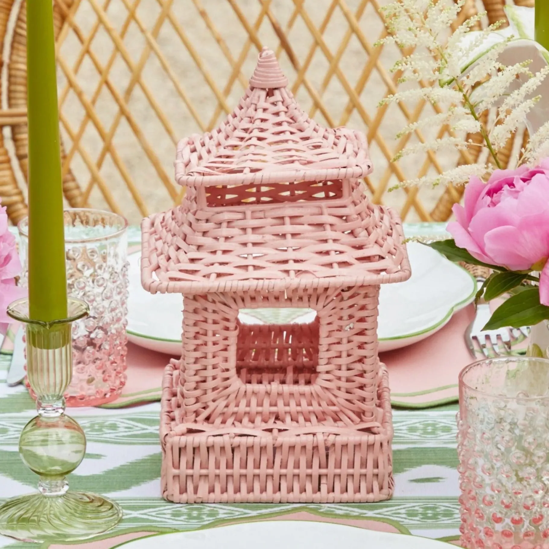 Mrs. Alice Pagodas & Lanterns|Mini Pink Rattan Pagoda Lanterns (Pair)