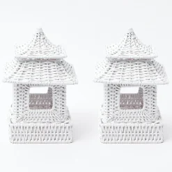 Mrs. Alice Candle Holders|Mini White Rattan Pagoda Lanterns (Pair)