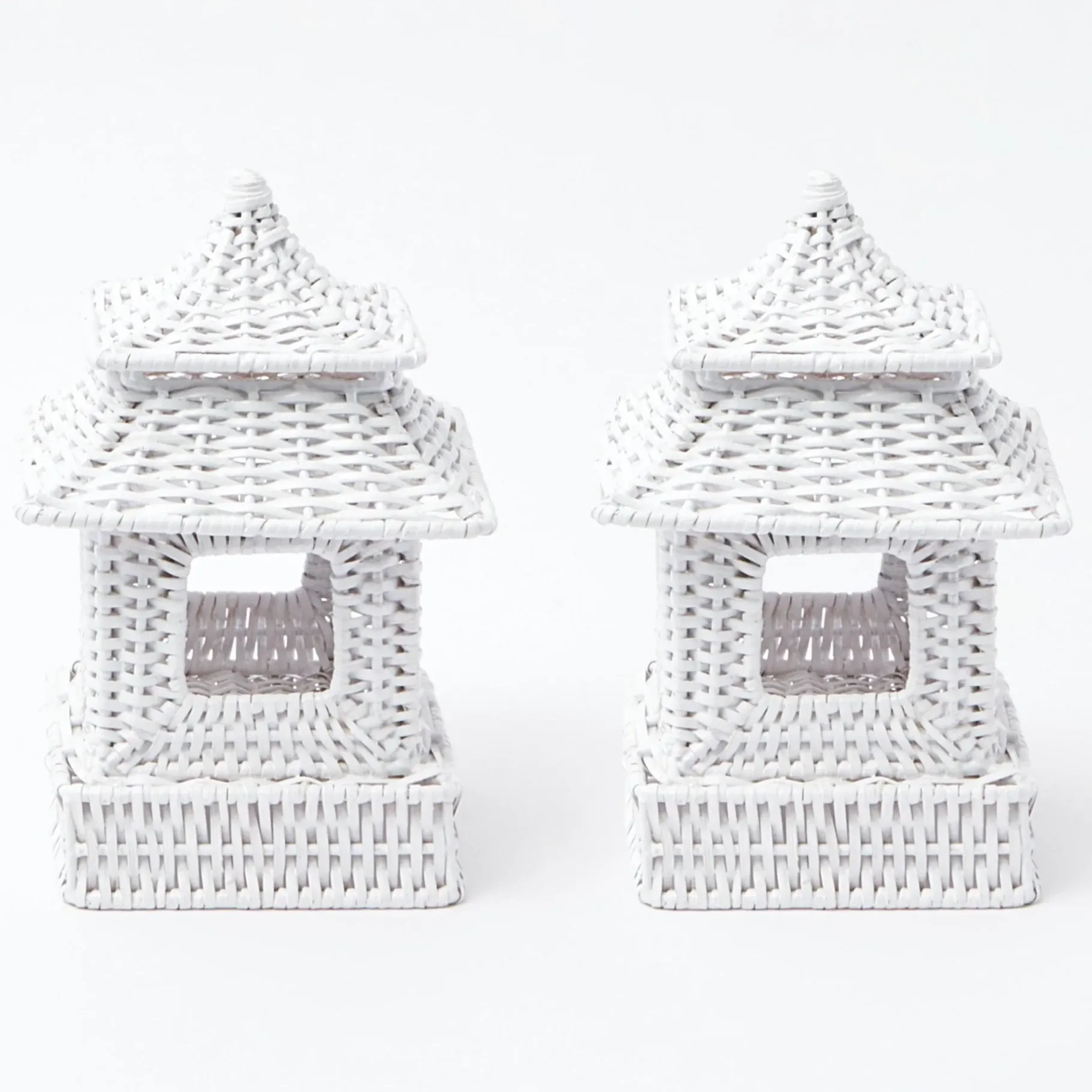 Mrs. Alice Candle Holders|Mini White Rattan Pagoda Lanterns (Pair)