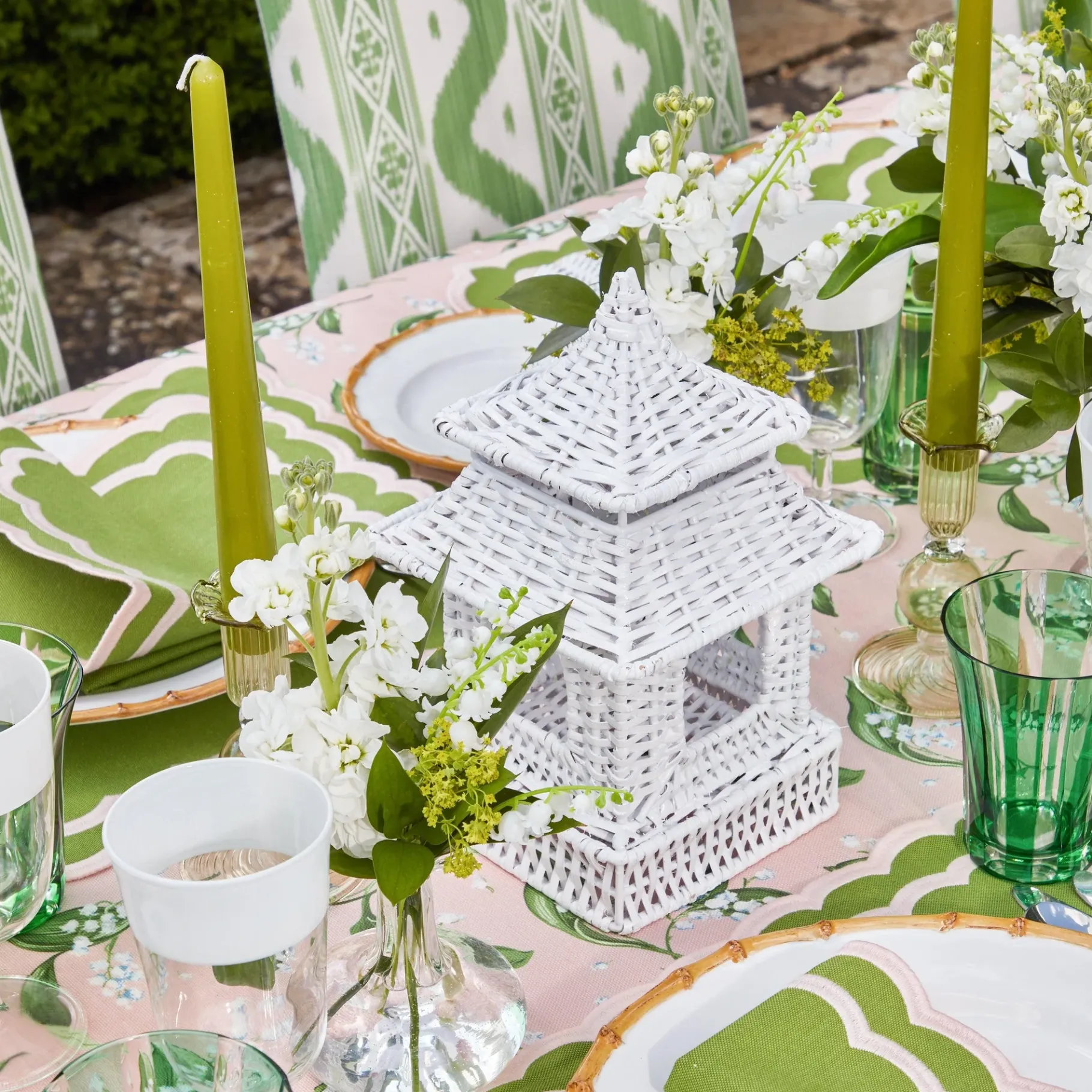 Mrs. Alice Candle Holders|Mini White Rattan Pagoda Lanterns (Pair)