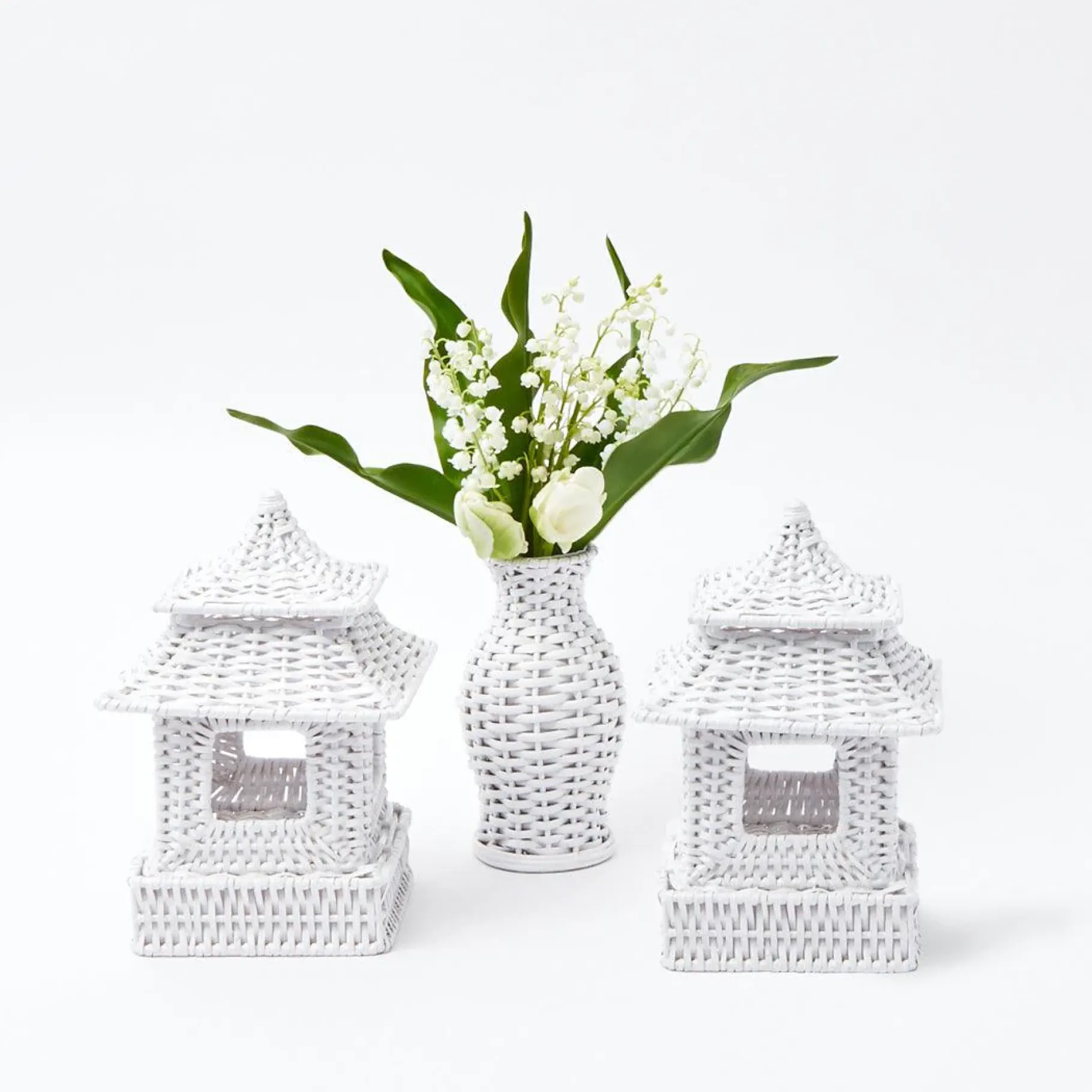 Mrs. Alice Candle Holders|Mini White Rattan Pagoda Lanterns (Pair)