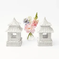 Mrs. Alice Candle Holders|Mini White Rattan Pagoda Lanterns (Pair)