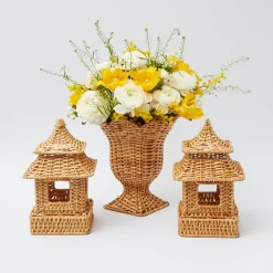 Mrs. Alice Urns & Pedestals|Natural Rattan Pagoda & Urn Vase Set