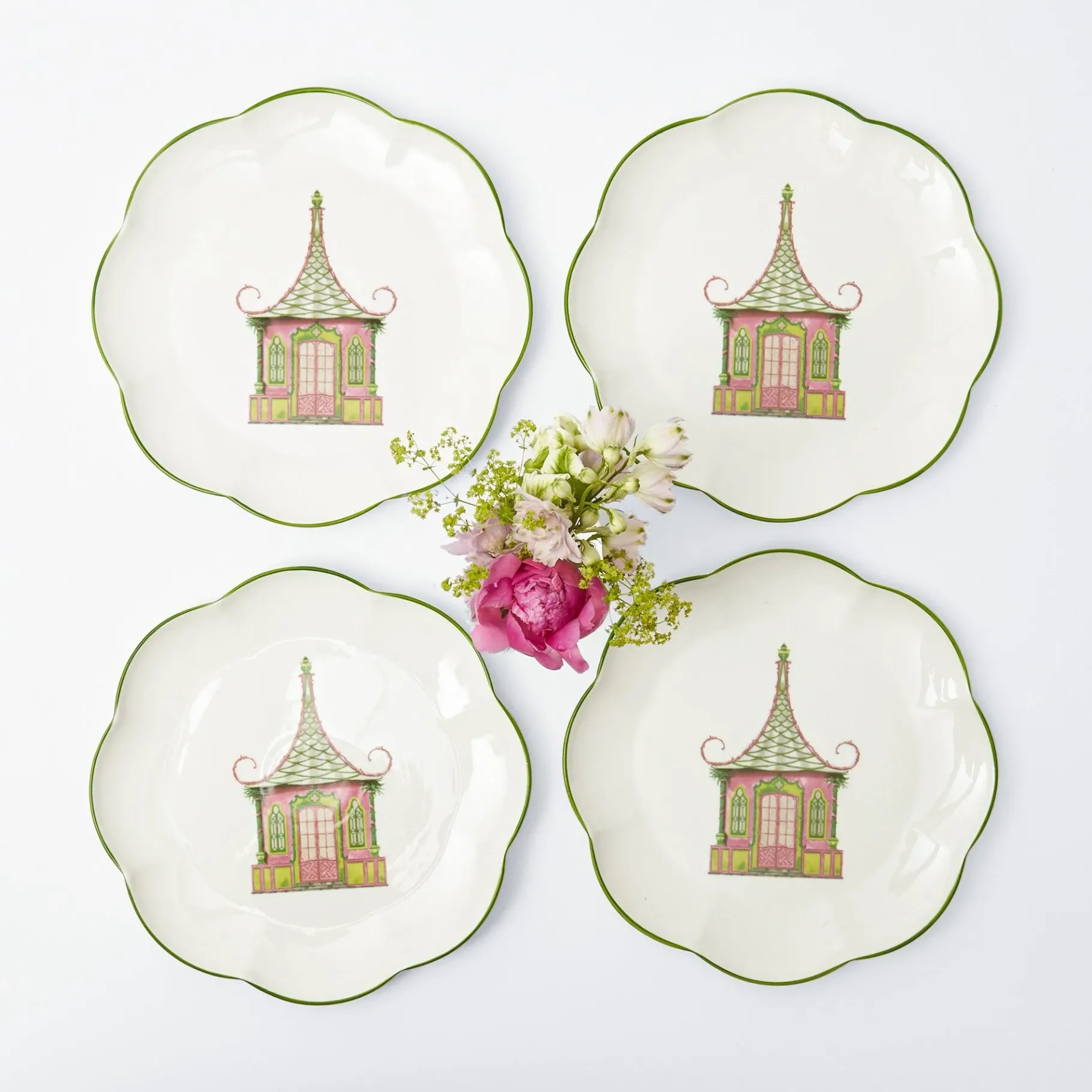 Mrs. Alice Crockery Sets|Pink & Green Pagoda Dinner Plate (Set Of 4)