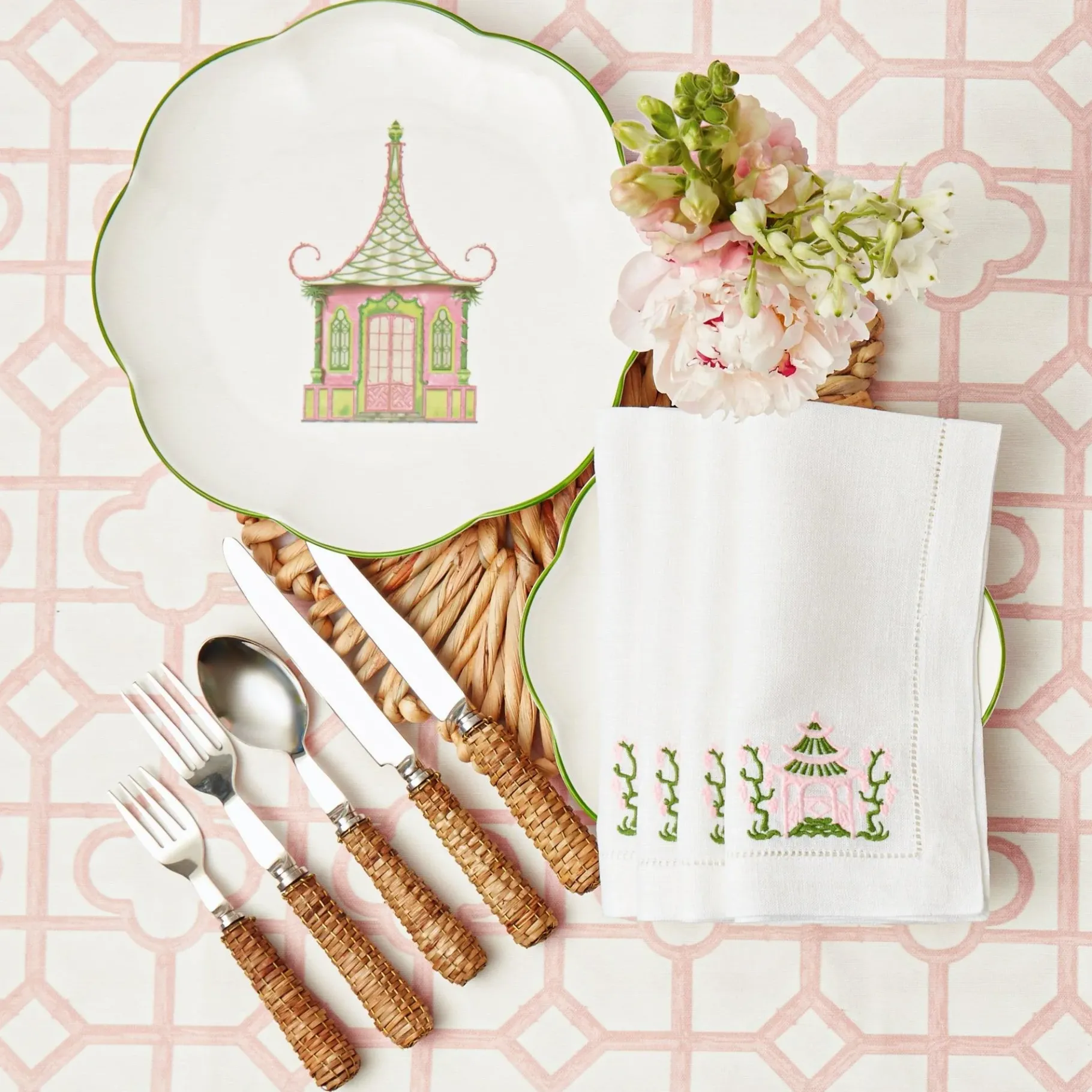 Mrs. Alice Crockery Sets|Pink & Green Pagoda Dinner Plate (Set Of 4)