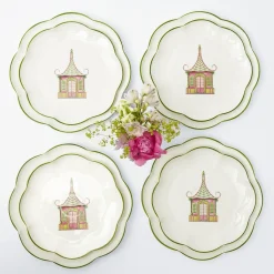 Mrs. Alice Dinner Plates|Pink & Green Pagoda Dinner & Starter Plates (Set Of 8)