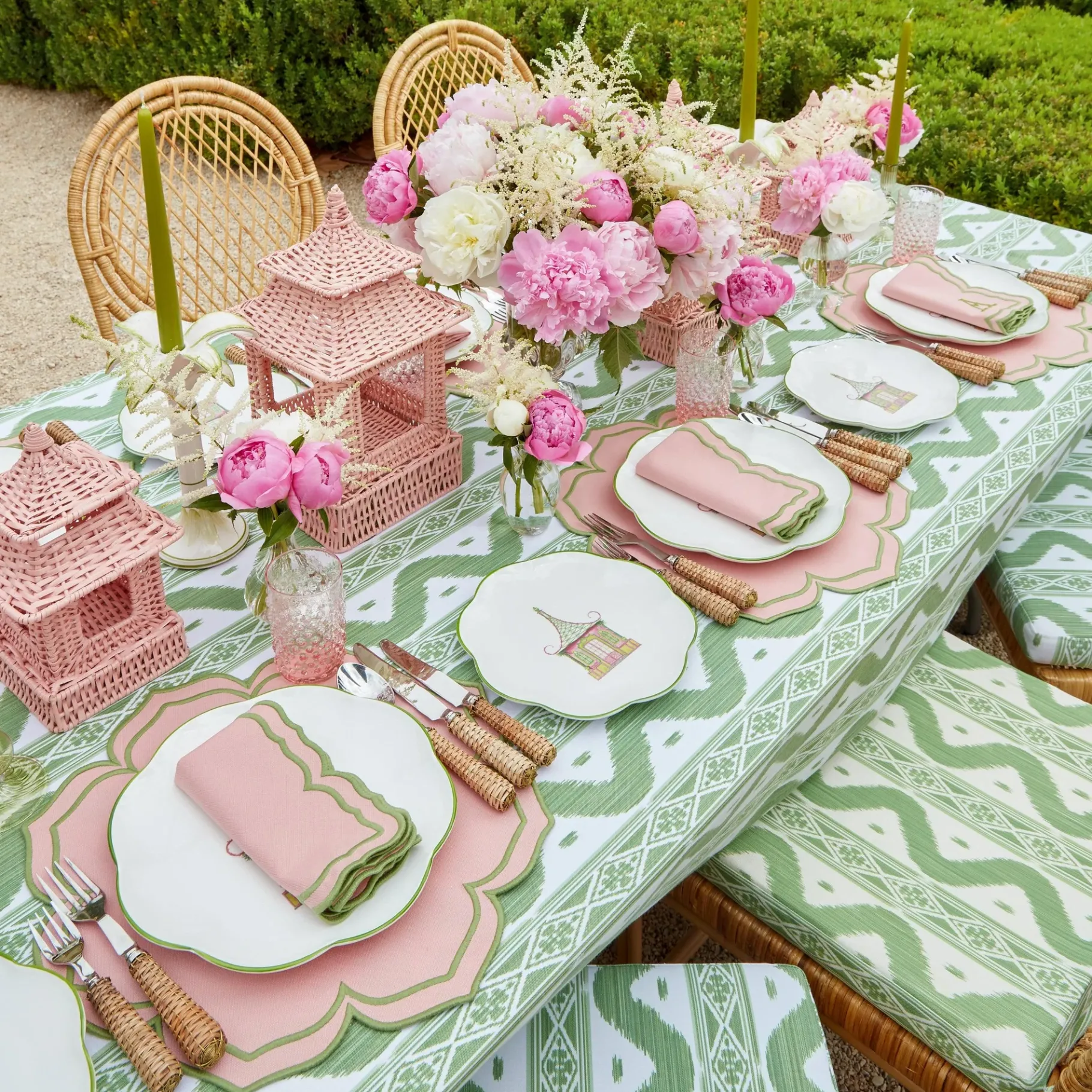 Mrs. Alice Crockery Sets|Pink & Green Pagoda Dinner & Starter Plates (Set Of 8)