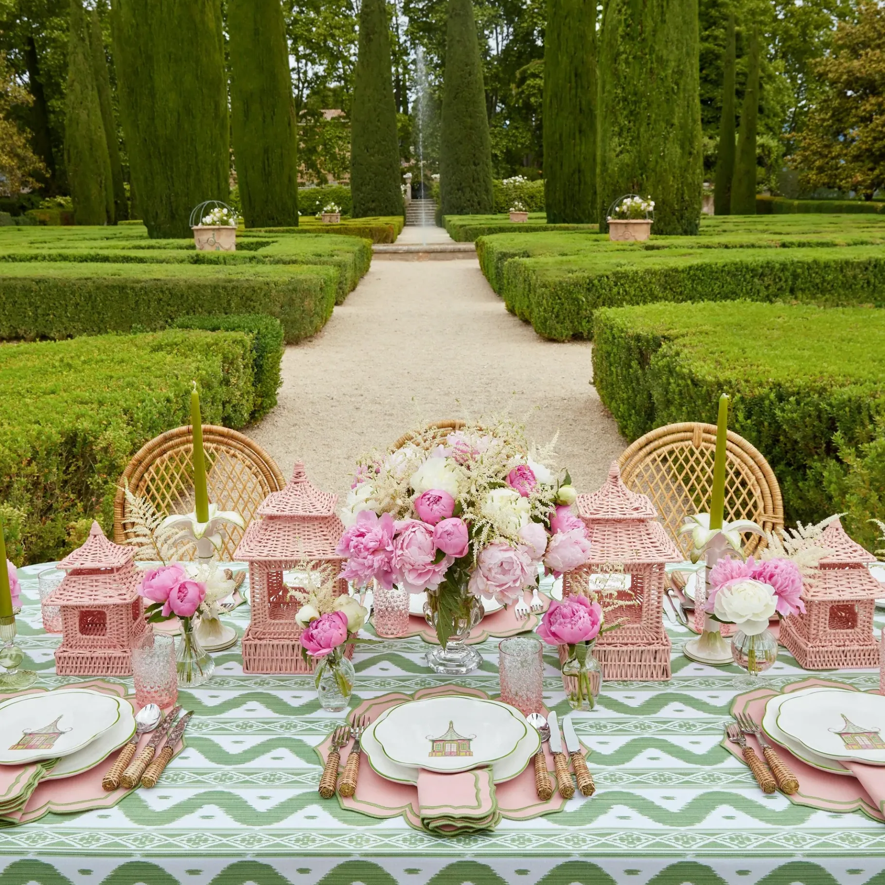 Mrs. Alice Crockery Sets|Pink & Green Pagoda Dinner & Starter Plates (Set Of 8)