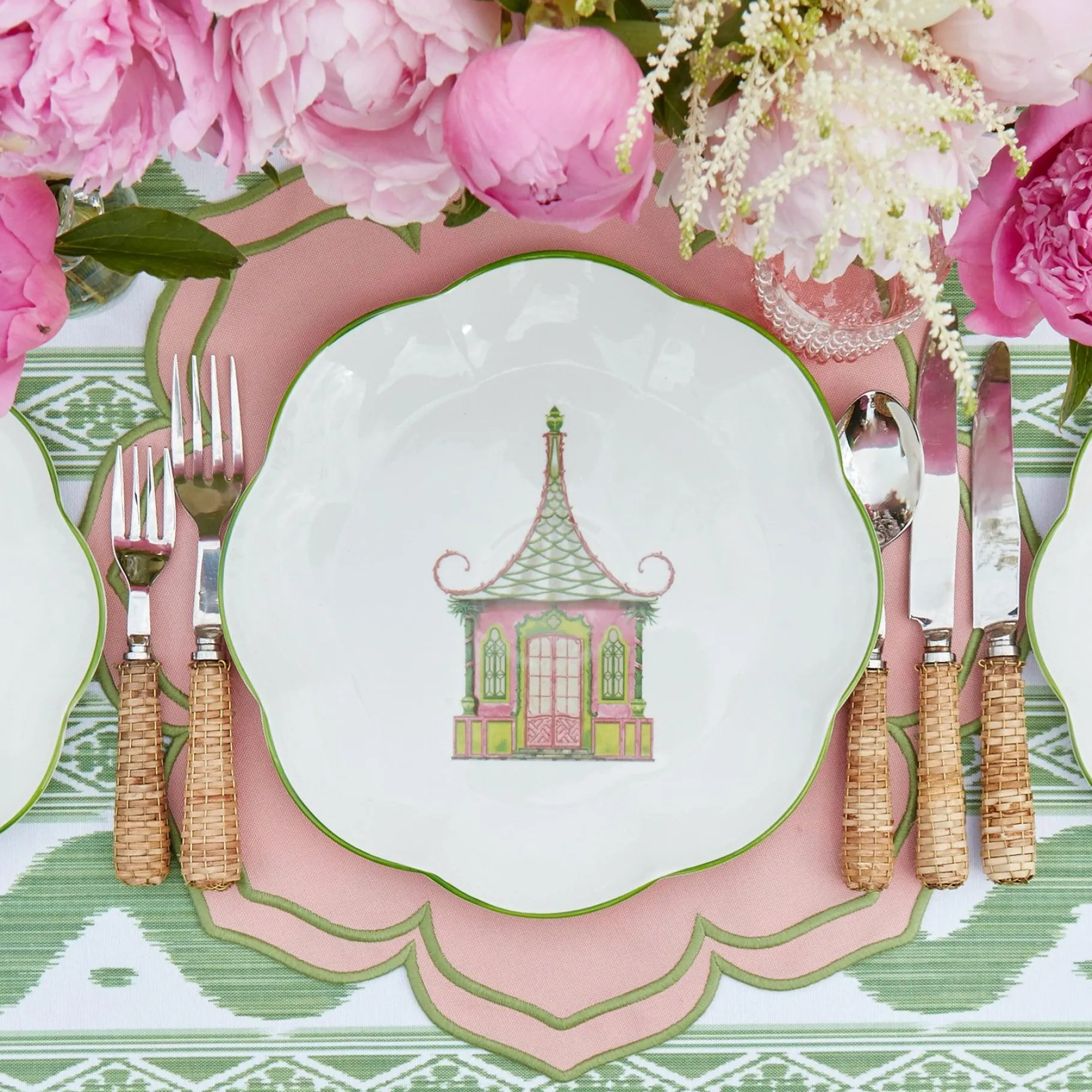 Mrs. Alice Crockery Sets|Pink & Green Pagoda Dinner & Starter Plates (Set Of 8)