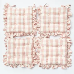 Mrs. Alice Cushions|Pink Gingham Ruffle Seat Pad Cushion (Set Of 4)