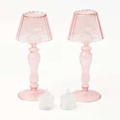 Mrs. Alice Candle Holders|Pink Glass Lantern Tea Light Holder (Pair) - 24Cm